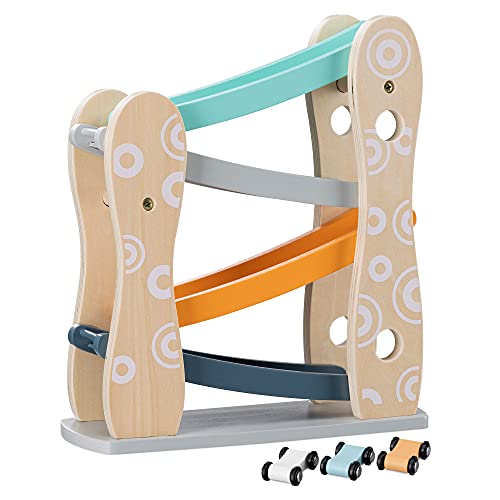 Navaris Rampa de Coches de Juguete - Circuito de 3X Coche de Madera para niños bebés +18 Meses - Pista de Carreras con rampas - 25.5 x 9.2 x 28.8 CM