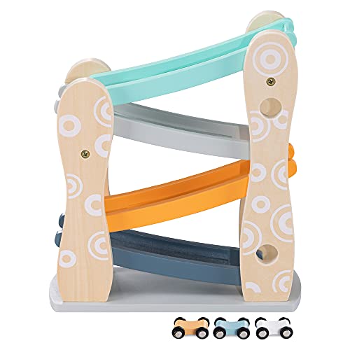 Navaris Rampa de Coches de Juguete - Circuito de 3X Coche de Madera para niños bebés +18 Meses - Pista de Carreras con rampas - 25.5 x 9.2 x 28.8 CM