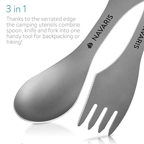 Navaris Set de 2 Cubiertos de Titanio 3en1 para Camping - Tenedor Cuchillo y Cuchara para Acampada Picnic Viaje excursión - Cubierto de Metal