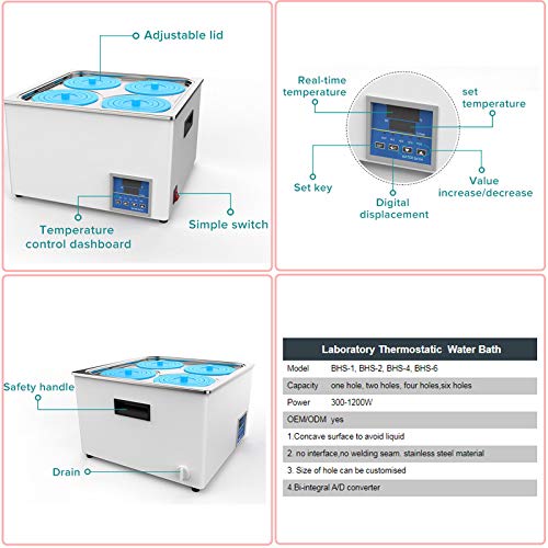 NBXLHAO BañOs MaríA De Laboratorio, BañO MaríA TermostáTico Digital, con FuncióN De TemporizacióN RT A 99 ℃, Pantalla De Temperatura, Incrementos De 0.1 ° C, Acero Inoxidable,6Holes