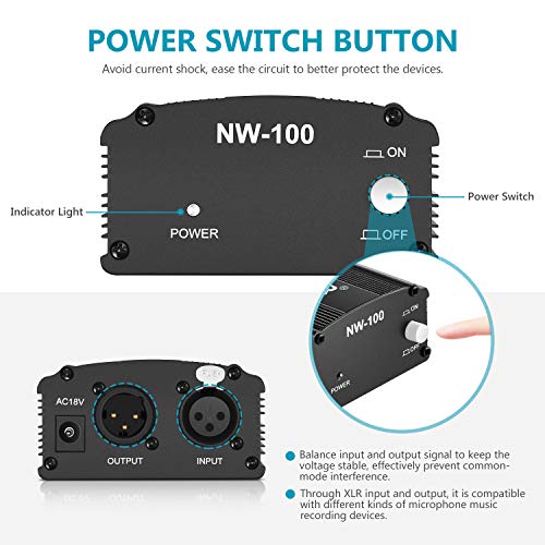 Neewer 1-Canal Phantom 48V Alimentación Suplimiento Negro con Adaptador y Cable de Audio XLR para Caulquier Micrófono Condensador Músico Equipo de Grabación