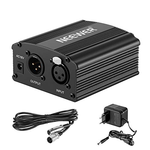 Neewer 1-Canal Phantom 48V Alimentación Suplimiento Negro con Adaptador y Cable de Audio XLR para Caulquier Micrófono Condensador Músico Equipo de Grabación