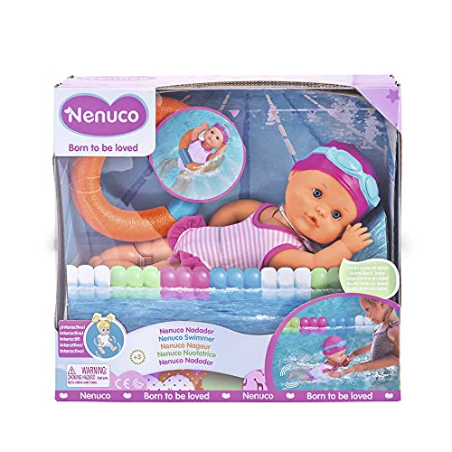 Nenuco - Nadador, este divertido juguete nada como un bebé de verdad, mueve sus piernas en el agua, es resistente al agua de bañera y piscina, tiene un accesorio churro flotador. FAMOSA (700014071)