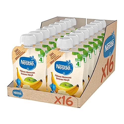 Nestlé Bolsita de puré de frutas, variedad Plátano y Manzana - Para bebés a partir de 4 meses - Paquete de 16 bolsitasx90g