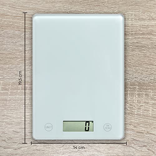 NEWCHEF Báscula De Cocina Digital con Pantalla LCD, Rango de Pesaje de 5g a 5kg y Precisión 1g. Peso Cocina Digital de Cristal Templado con F. de Pesaje, F. Tara y F. Cero. (Pila Incluida) + Bol