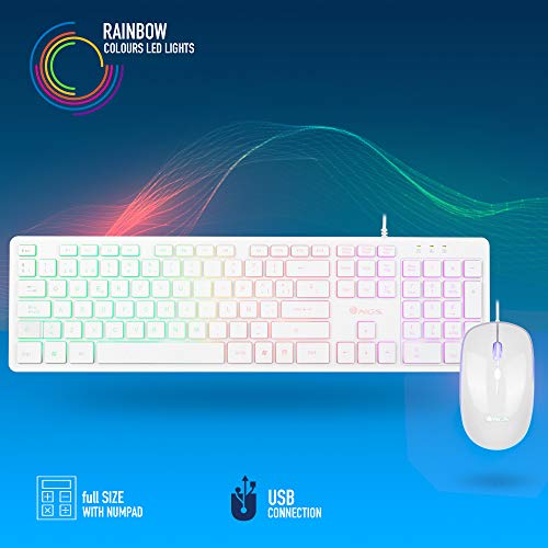 NGS SPRITEKIT Teclado Multimedia y Ratón con Cable, Retroiluminado, Mouse Óptico 800/1200/1600 dpi, Teclado QWERTY Italiano, Gaming, Color Blanco