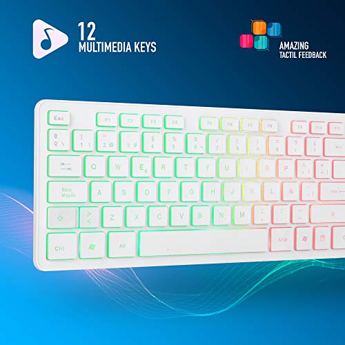 NGS SPRITEKIT Teclado Multimedia y Ratón con Cable, Retroiluminado, Mouse Óptico 800/1200/1600 dpi, Teclado QWERTY Italiano, Gaming, Color Blanco