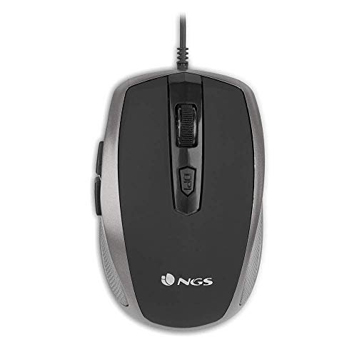 NGS Tick Silver - Ratón Óptico 800/1600dpi con Cable USB, Ratón para Ordenador o Portátil con 6 Botones, Ergonomia para Diestros, Plateado y Negro