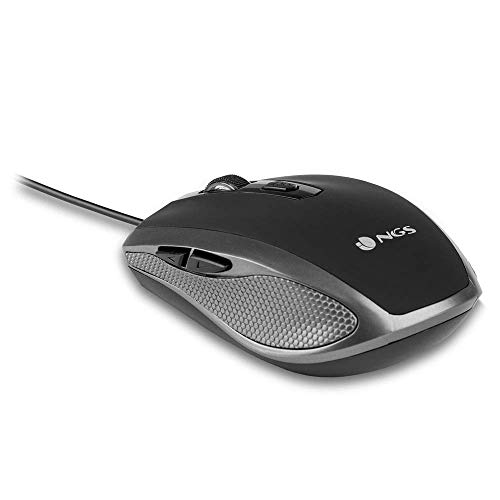 NGS Tick Silver - Ratón Óptico 800/1600dpi con Cable USB, Ratón para Ordenador o Portátil con 6 Botones, Ergonomia para Diestros, Plateado y Negro