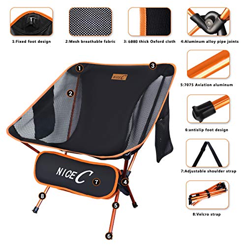 Nice C Silla Ultraligera, Portátil, Plegable, para Acampar, Compacta Y Resistente Al Aire Libre, para Acampar con 2 Bolsas De Almacenamiento Y Bolsa De Transporte (2 Paquetes De Naranja)