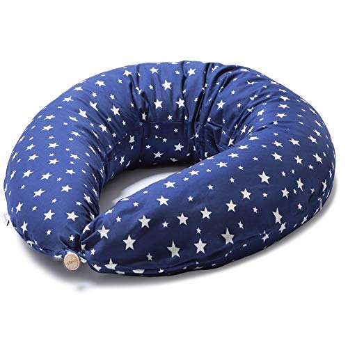 Niimo Cojin Lactancia Bebe y Almohada Embarazada Dormir XXL Multifuncion Funda Cojin 100% Algodon Desenfundable y Lavable Relleno de Poliester Multiusos Maternidad (Azul-Estrella Blanca)