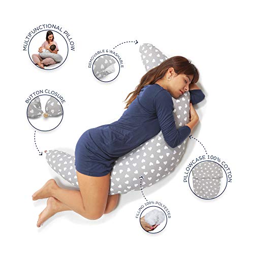 Niimo Cojin Lactancia Bebe y Almohada Embarazada Dormir XXL Multifuncion Funda Cojin 100% Algodon Desenfundable y Lavable Relleno de Poliester Multiusos Maternidad (Gris - Corazon Blanco)