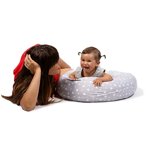 Niivetto Almohada Embarazo Dormir y Cojin Lactancia Bebe XXL Funda 100% Algodon Desenfundable y Lavable Relleno de Fibra Hueca Poliester Siliconado by Niimo (Gris-Estrella Blanca)