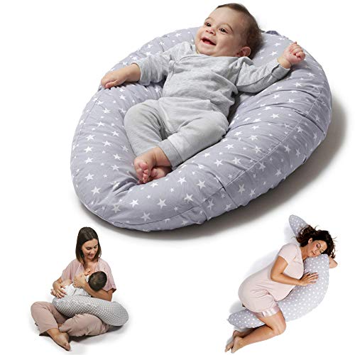 Niivetto Almohada Embarazo Dormir y Cojin Lactancia Bebe XXL Funda 100% Algodon Desenfundable y Lavable Relleno de Fibra Hueca Poliester Siliconado by Niimo (Gris-Estrella Blanca)