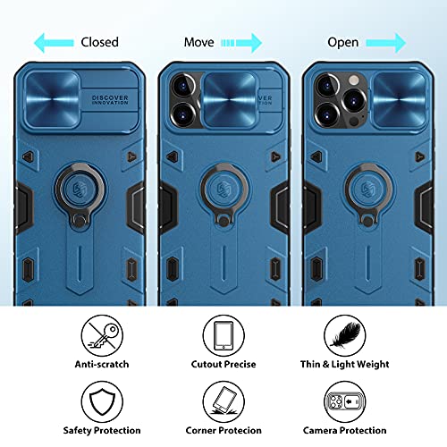 Nillkin Funda para iPhone 13 Pro MAX Case 6.7" [Protección de la cámara] Cubierta de cámara Deslizante de PC y TPU a Prueba de Golpes con Soporte de Anillo Carcasa para iPhone 13 Pro MAX (Azul)