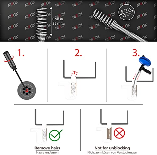 Nirox Desatascador de desagües 7,6m x 6mm - Desatascador espiral manual (1,1cm) Extensible - Desatascador tuberias manivela ideal para quitar el pelo de los desagües