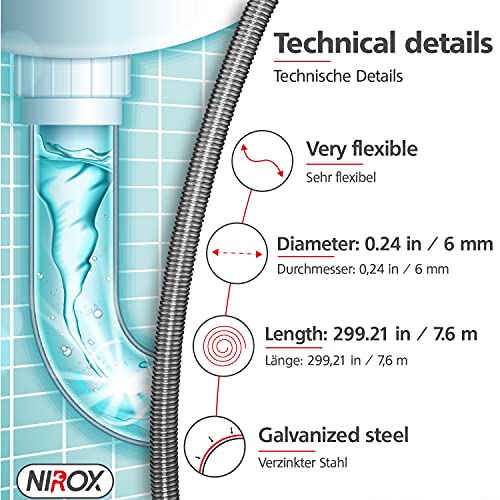 Nirox Desatascador de desagües 7,6m x 6mm - Desatascador espiral manual (1,1cm) Extensible - Desatascador tuberias manivela ideal para quitar el pelo de los desagües