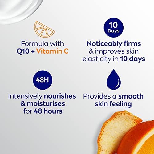 NIVEA Loción reafirmante para el cuerpo Q10, con Vitamina C (400 ml), crema nutritiva reafirmante con Q10 y vitamina C, crema hidratante de NIVEA para una piel suave y firme