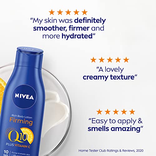 NIVEA Loción reafirmante para el cuerpo Q10, con Vitamina C (400 ml), crema nutritiva reafirmante con Q10 y vitamina C, crema hidratante de NIVEA para una piel suave y firme