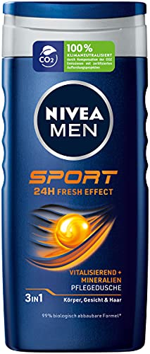 NIVEA MEN Gel de ducha deportivo (250 ml), gel de ducha revitalizante y nutritivo con minerales, ducha refrescante para hombres activos.