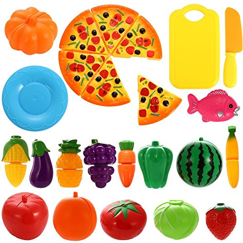 NIWWIN - Juego de 24 piezas de plástico con forma de frutas, verduras y pizza para cortar, juego educativo de simulación para niños