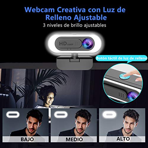 NIYPS Webcam PC con Microfono y Anillo de Luz, Camara Web 1080p con Tapa y Tripode para Ordenador/Portatil/Mac, Web CAM para Youtube, Skype, Zoom, Xbox One, Videoconferencia y Videollamadas