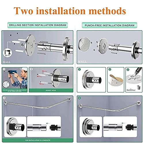 NMDD Barra de Ducha Curvada, Acero Inoxidable Ajustable en Forma de L Barra de Cortina de Ducha Extensible Curvada sin Taladro Barra de Cortina Telescópica de Ducha para Baño con Accesorios