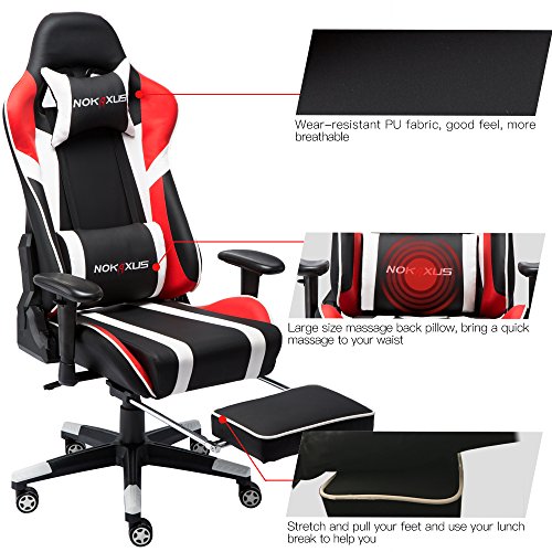 NOKAXUS - Silla de Oficina para Videojuegos tamaño Grande Respaldo Alto Asiento de Carreras con masajeador Soporte Lumbar y reposapiés retráctil Ajuste de 90-180 Grados del Respaldo (Yk-6009-red)