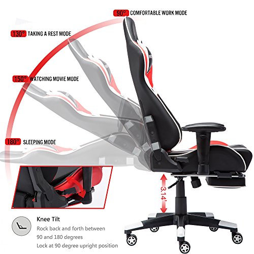 NOKAXUS - Silla de Oficina para Videojuegos tamaño Grande Respaldo Alto Asiento de Carreras con masajeador Soporte Lumbar y reposapiés retráctil Ajuste de 90-180 Grados del Respaldo (Yk-6009-red)