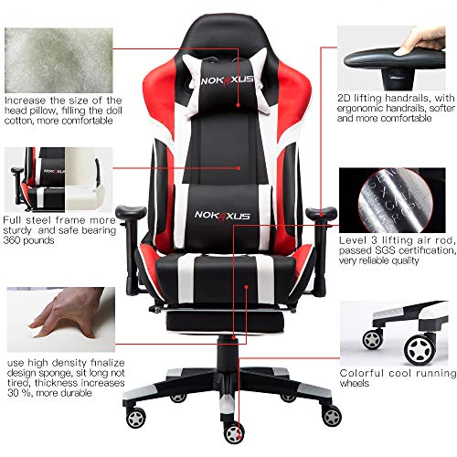 NOKAXUS - Silla de Oficina para Videojuegos tamaño Grande Respaldo Alto Asiento de Carreras con masajeador Soporte Lumbar y reposapiés retráctil Ajuste de 90-180 Grados del Respaldo (Yk-6009-red)