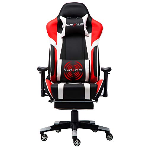 NOKAXUS - Silla de Oficina para Videojuegos tamaño Grande Respaldo Alto Asiento de Carreras con masajeador Soporte Lumbar y reposapiés retráctil Ajuste de 90-180 Grados del Respaldo (Yk-6009-red)