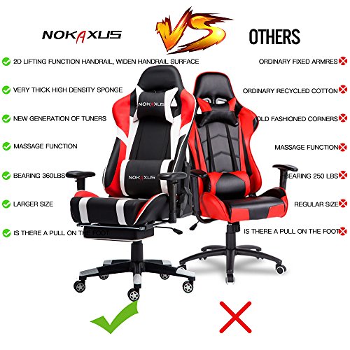 NOKAXUS - Silla de Oficina para Videojuegos tamaño Grande Respaldo Alto Asiento de Carreras con masajeador Soporte Lumbar y reposapiés retráctil Ajuste de 90-180 Grados del Respaldo (Yk-6009-red)