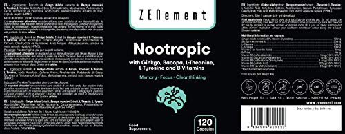 Nootropico, con Ginkgo, Bacopa, Teanina, Tirosina y Vitaminas B, 120 Cápsulas | Memoria, Concentración, Agilidad mental | Vegano, sin aditivos, sin alérgenos, No-GMO | de Zenement