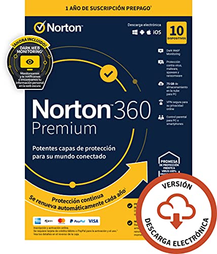 Norton 360 Premium 2022 - Antivirus software para 10 Dispositivos y 1 año de suscripción con renovación automática, Secure VPN y Gestor de contraseñas, para PC, Mac tableta y smartphone