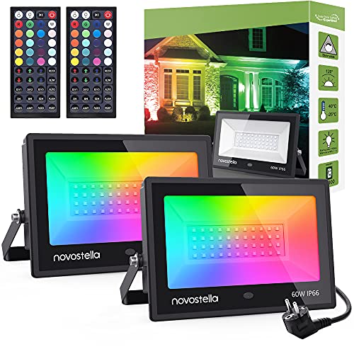 Novostella 60W Focos LED RGB 2 Piezas, Proyector LED 20 Colores y 6 Modos Controlador de 44 Teclas con Función de Temporizador, IP66 Impermeable Iluminación para Exterior Navidad Árboles Jardín