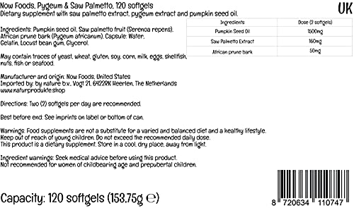 Now Foods, Pygeum & Saw Palmetto, 120 Cápsulas blandas, Probadas en Laboratorio, Aceite de Semilla de Calabaza, Saw Palmetto, Sin Gluten, Sin Soja