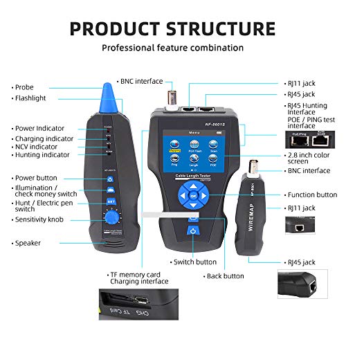 NOYAFA NF-8601S TDR Network RJ11 RJ45 BNC Probador de cable con PoE Ping