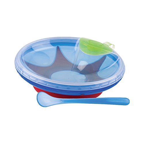 Nuby ID5342BLUE - Plato de agua caliente con ventosa y cuchara 6m+