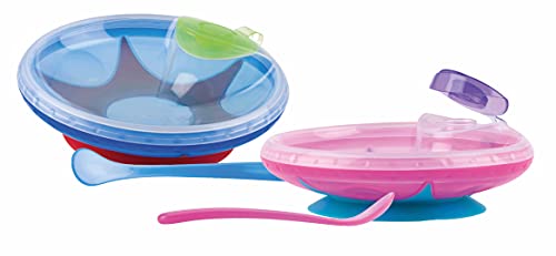 Nuby ID5342BLUE - Plato de agua caliente con ventosa y cuchara 6m+