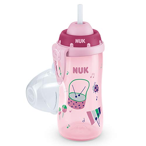 NUK First Choice+ Flexi Cup - Botella para aprender a beber a partir de 12 meses, con sistema antigoteo, con pajita, clip y tapa protectora, 300 ml, sin Bisfenol A, color morado con motivos musicales