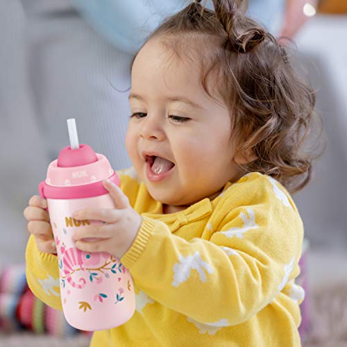 NUK First Choice+ Flexi Cup - Botella para aprender a beber a partir de 12 meses, con sistema antigoteo, con pajita, clip y tapa protectora, 300 ml, sin Bisfenol A, color morado con motivos musicales