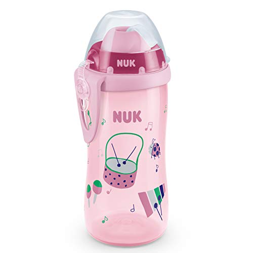 NUK First Choice+ Flexi Cup - Botella para aprender a beber a partir de 12 meses, con sistema antigoteo, con pajita, clip y tapa protectora, 300 ml, sin Bisfenol A, color morado con motivos musicales