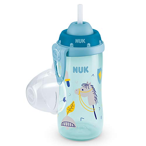 NUK First Choice+ Flexi Cup - Botella para aprender a beber a partir de 12 meses, con sistema antigoteo con pajita, clip y tapa protectora, 300 ml, sin Bisfenol A, color rosa con motivos de juego