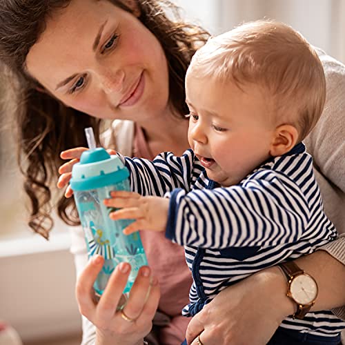 NUK First Choice+ Flexi Cup - Botella para aprender a beber a partir de 12 meses, con sistema antigoteo con pajita, clip y tapa protectora, 300 ml, sin Bisfenol A, color rosa con motivos de juego