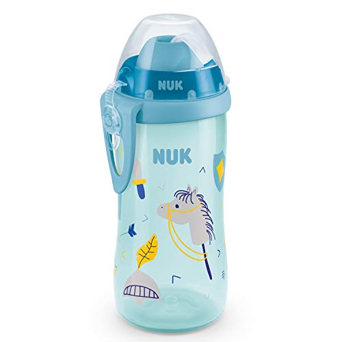 NUK First Choice+ Flexi Cup - Botella para aprender a beber a partir de 12 meses, con sistema antigoteo con pajita, clip y tapa protectora, 300 ml, sin Bisfenol A, color rosa con motivos de juego