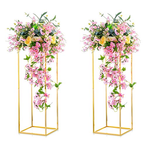 Nuptio 2 Piezas Jarrones Oro para Mesas Centro Boda, Soporte Flores Columna Jarrón Piso Flores Metal, Florero Geométrico 80cm Alto, Estante Exhibición Flores Rectangular para Boda Fiesta Casa