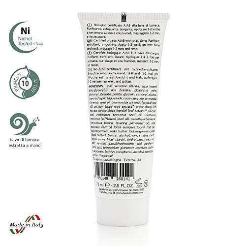 Nuvo’ Baba de caracol Scrub Facial Exfoliante Purificante Rostro ORGÁNICO CERTIFICADO con Aceite de Primavera Aceite de Oliva Vitamina B5 Made in Italy 75ml