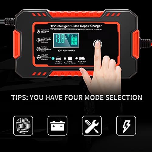 NWOUIIAY Cargador de Baterías Coche Moto 12V 6A Protecciones Múltiples Cargador Baterías Inteligente con Pantalla LCD Apto para 12V Coche Moto etc