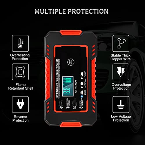 NWOUIIAY Cargador de Baterías Coche Moto 12V 6A Protecciones Múltiples Cargador Baterías Inteligente con Pantalla LCD Apto para 12V Coche Moto etc