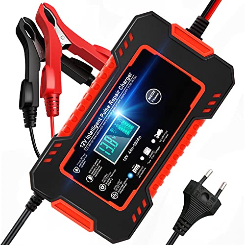 NWOUIIAY Cargador de Baterías Coche Moto 12V 6A Protecciones Múltiples Cargador Baterías Inteligente con Pantalla LCD Apto para 12V Coche Moto etc